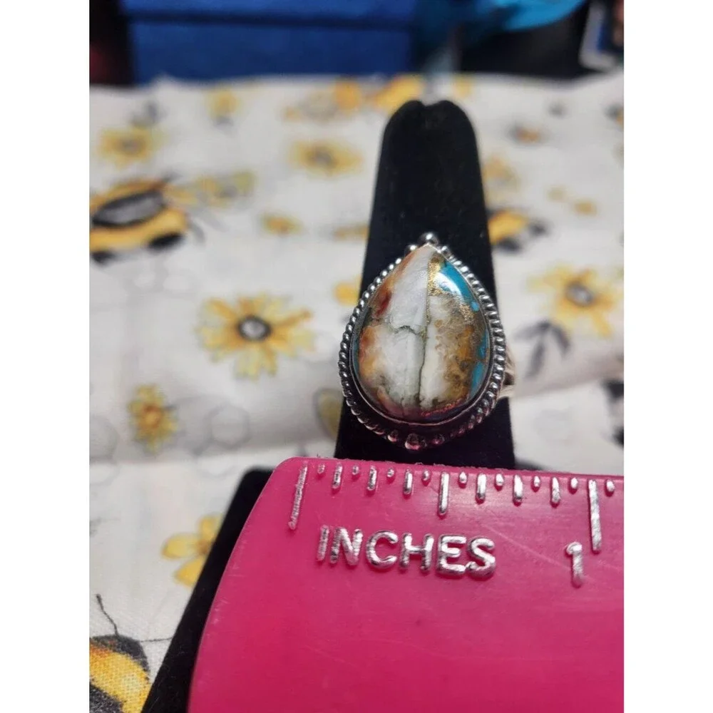 Sterling Silver Spiny Oyster Copper Turquoise Teardrop Ring